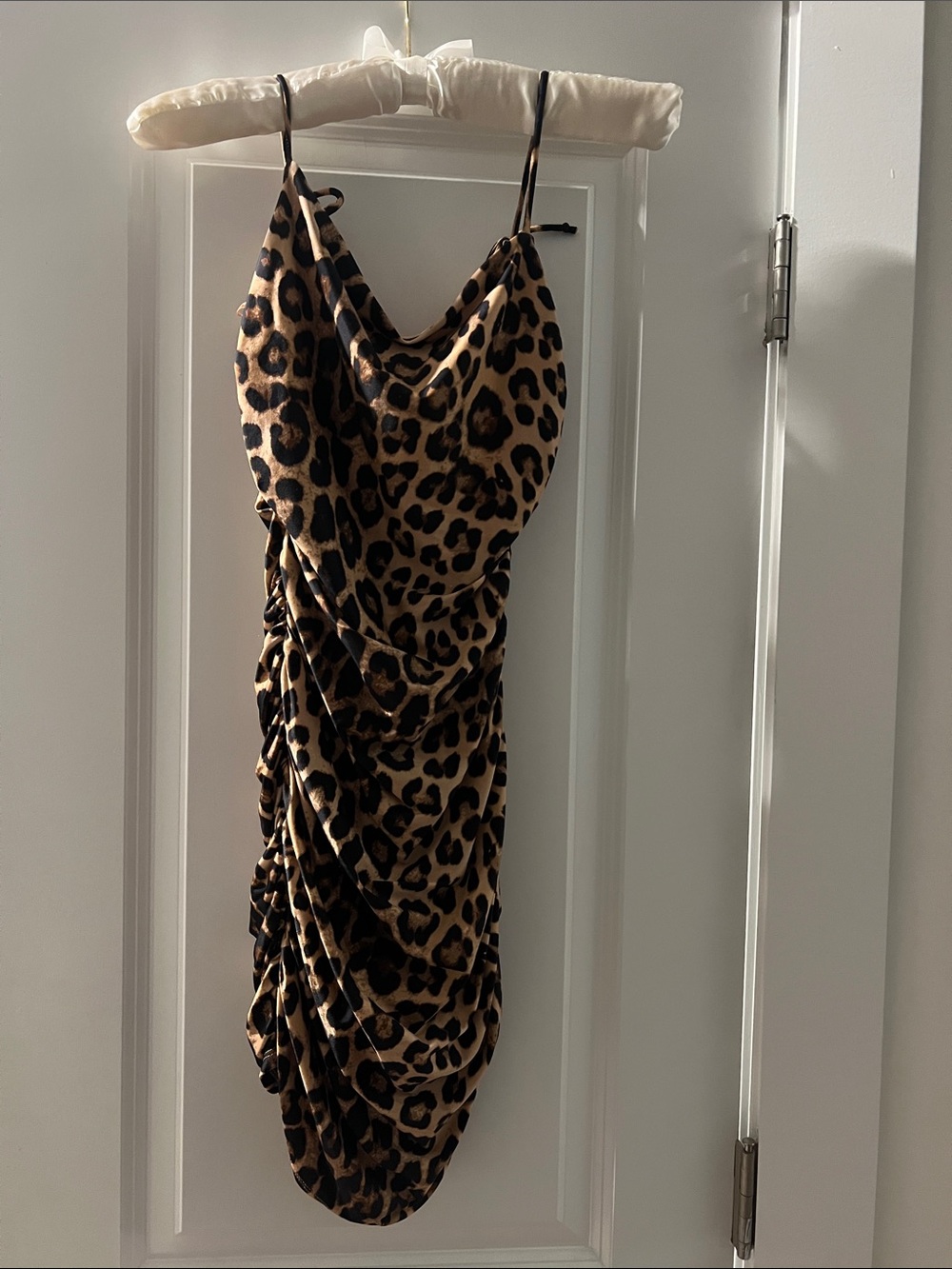 Good American Leopard Print Cowl Mini Dress in Brown and Black